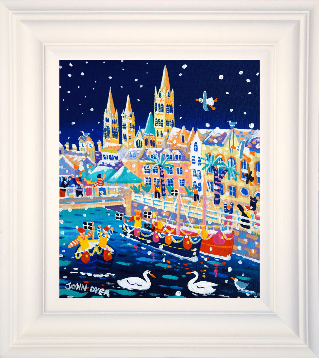 'Snowy Swans on the River, Truro Cathedral', 12x10 inches acrylic on canvas. Paintings of Cornwall. Cornish Artist John Dyer. Cornwall Art Gallery