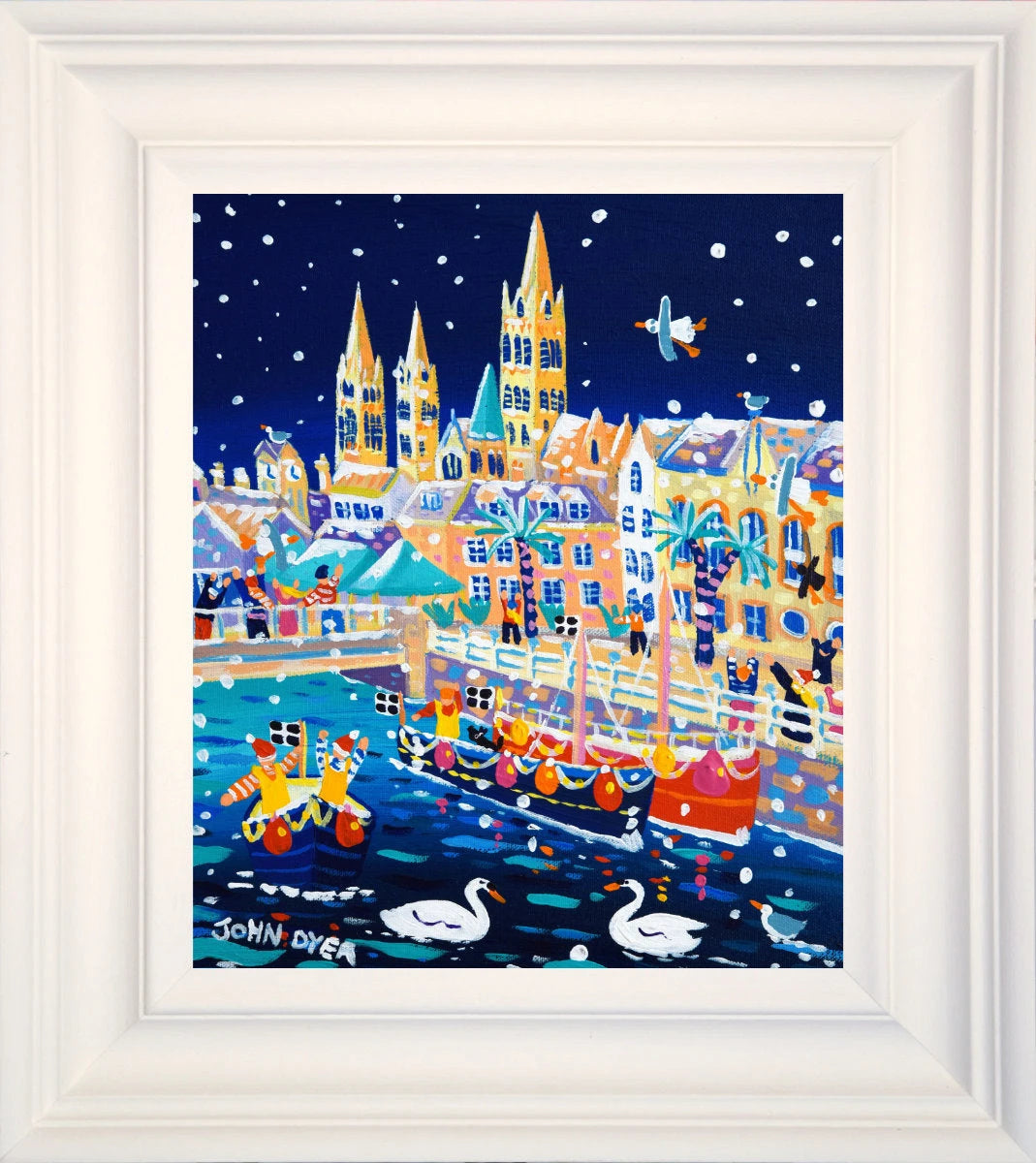 'Snowy Swans on the River, Truro Cathedral', 12x10 inches acrylic on canvas. Paintings of Cornwall. Cornish Artist John Dyer. Cornwall Art Gallery John Dyer