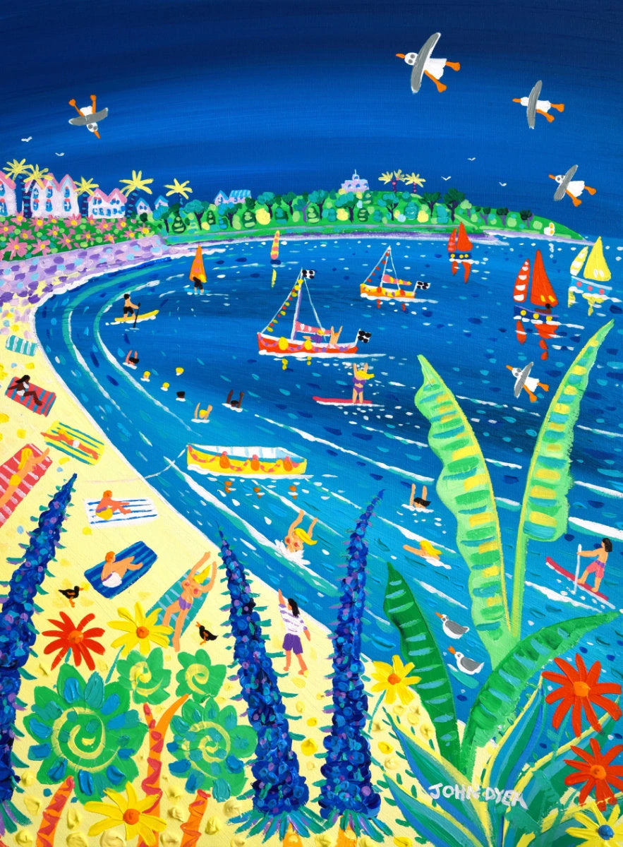 'Sailing and Sunbathing at Gyllyngvase Beach, Falmouth', 24x18 inches acrylic on canvas. Cornish Coastal Painting by British Artist John Dyer