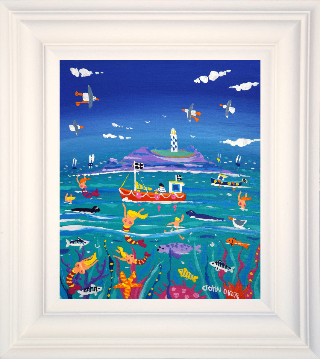 'Seaside Serenade, Godrevy Lighthouse', 12x10 inches acrylic on canvas. Paintings of Cornwall. Cornish Artist John Dyer. Cornwall Art Gallery