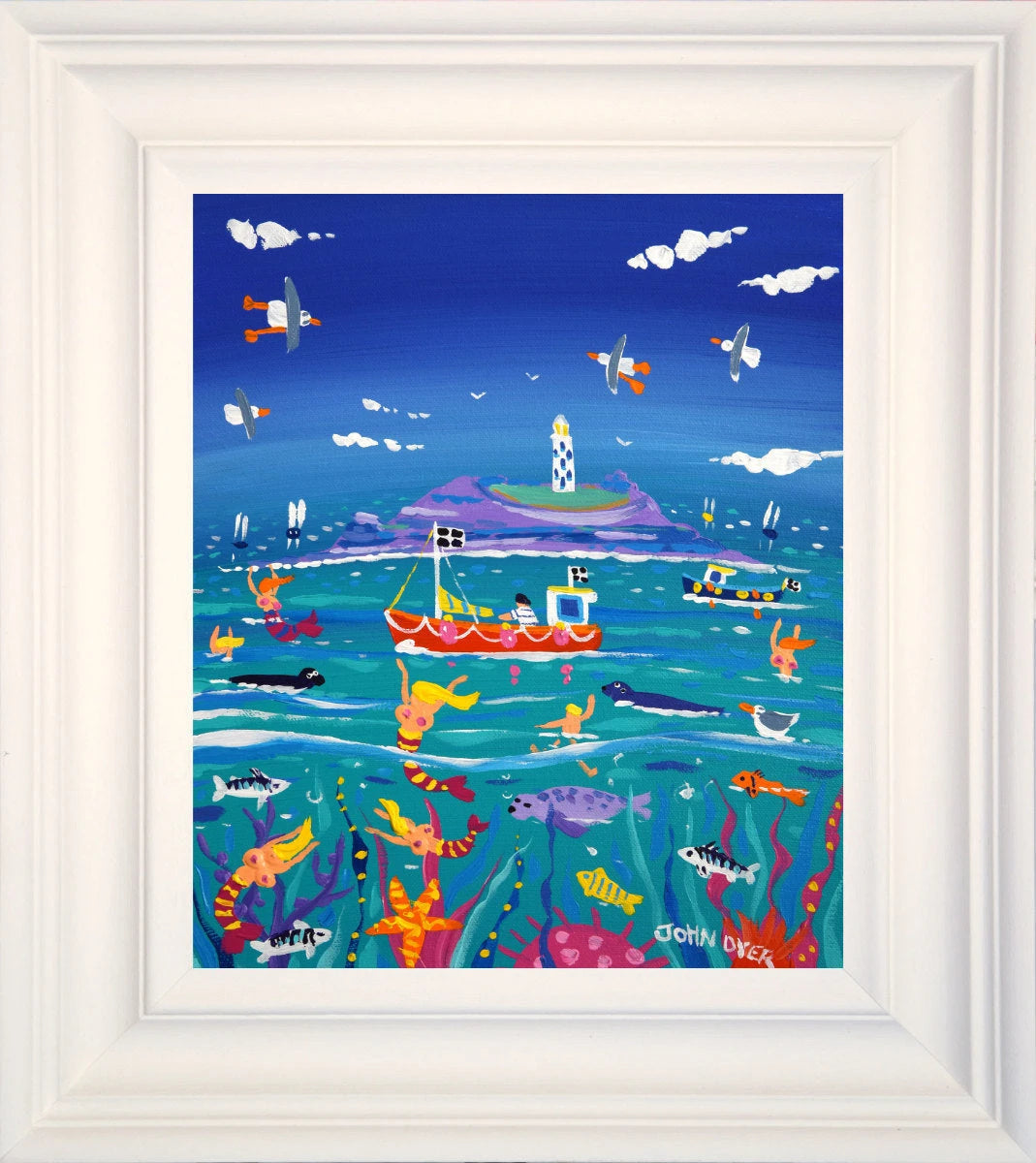 'Seaside Serenade, Godrevy Lighthouse', 12x10 inches acrylic on canvas. Paintings of Cornwall. Cornish Artist John Dyer. Cornwall Art Gallery John Dyer