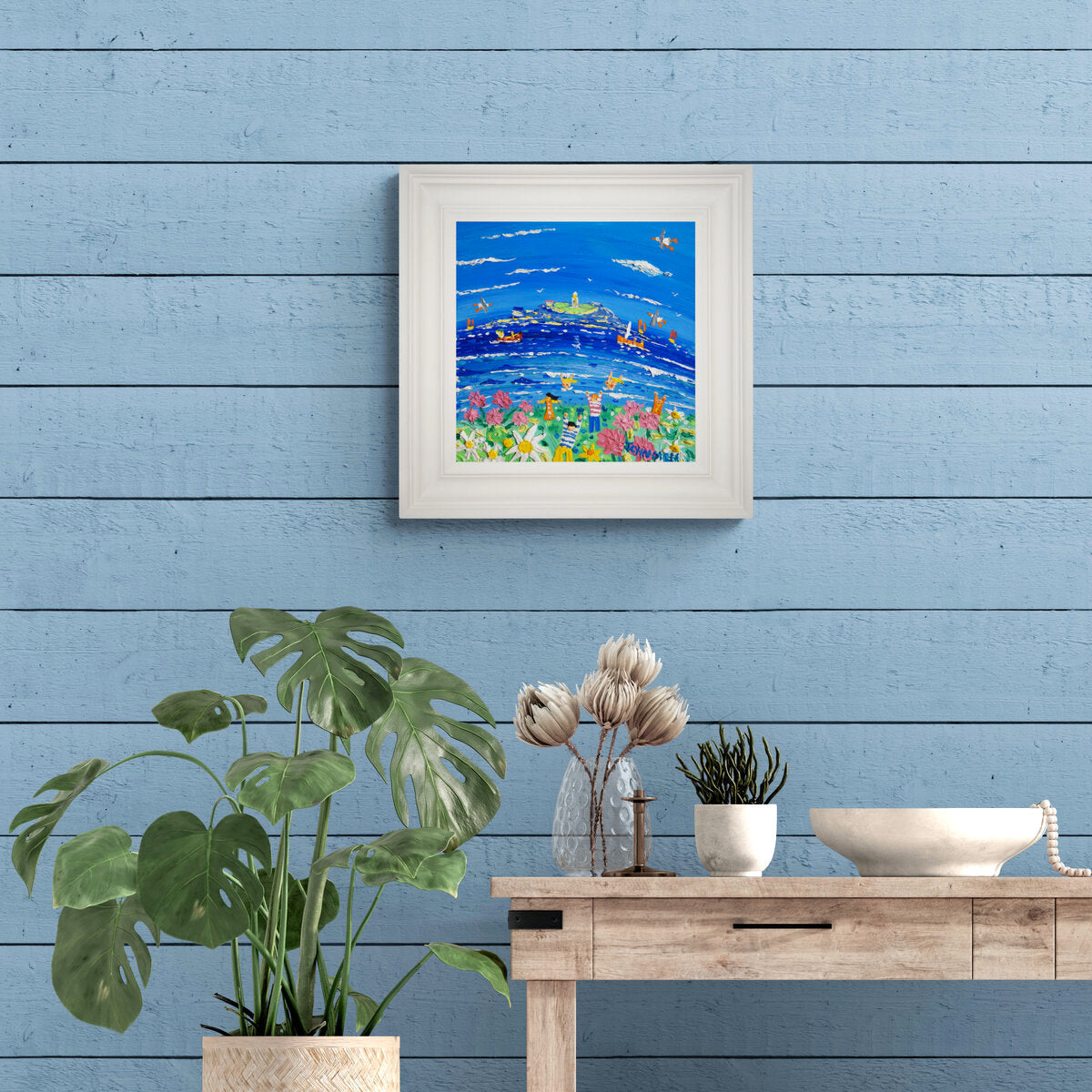 'Springtime Skinny Dipping, Godrevy', 12x12 inches oil on canvas. Cornwall Painting by British Artist John Dyer.