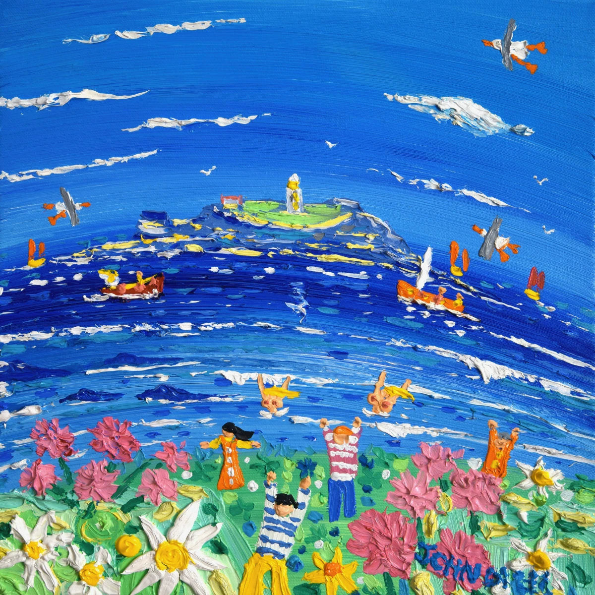 'Springtime Skinny Dipping, Godrevy', 12x12 inches oil on canvas. Cornwall Painting by British Artist John Dyer. John Dyer