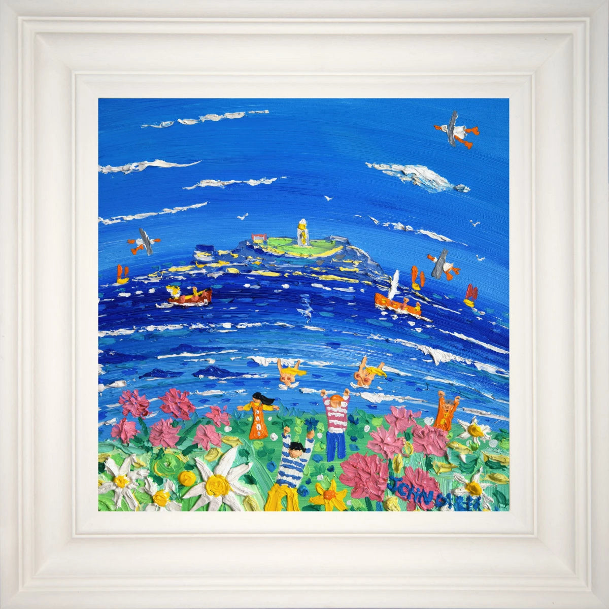 'Springtime Skinny Dipping, Godrevy', 12x12 inches oil on canvas. Cornwall Painting by British Artist John Dyer. John Dyer