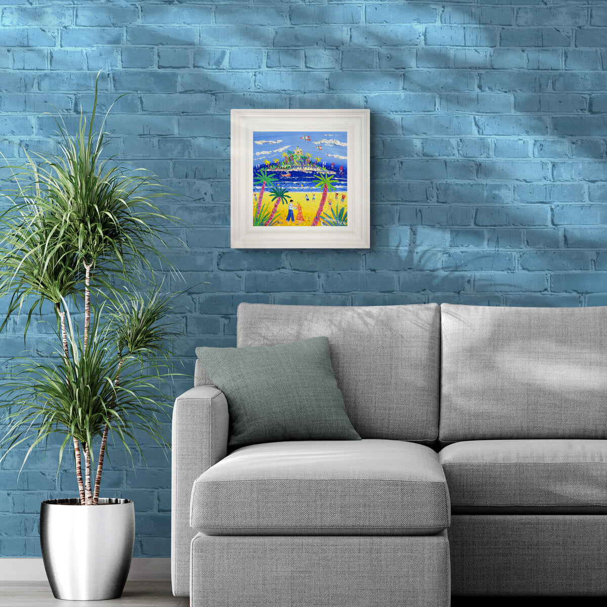 'Dancing on the Beach, St Michael's Mount', 12x12 inches oil on canvas. Cornwall Painting by British Artist John Dyer.