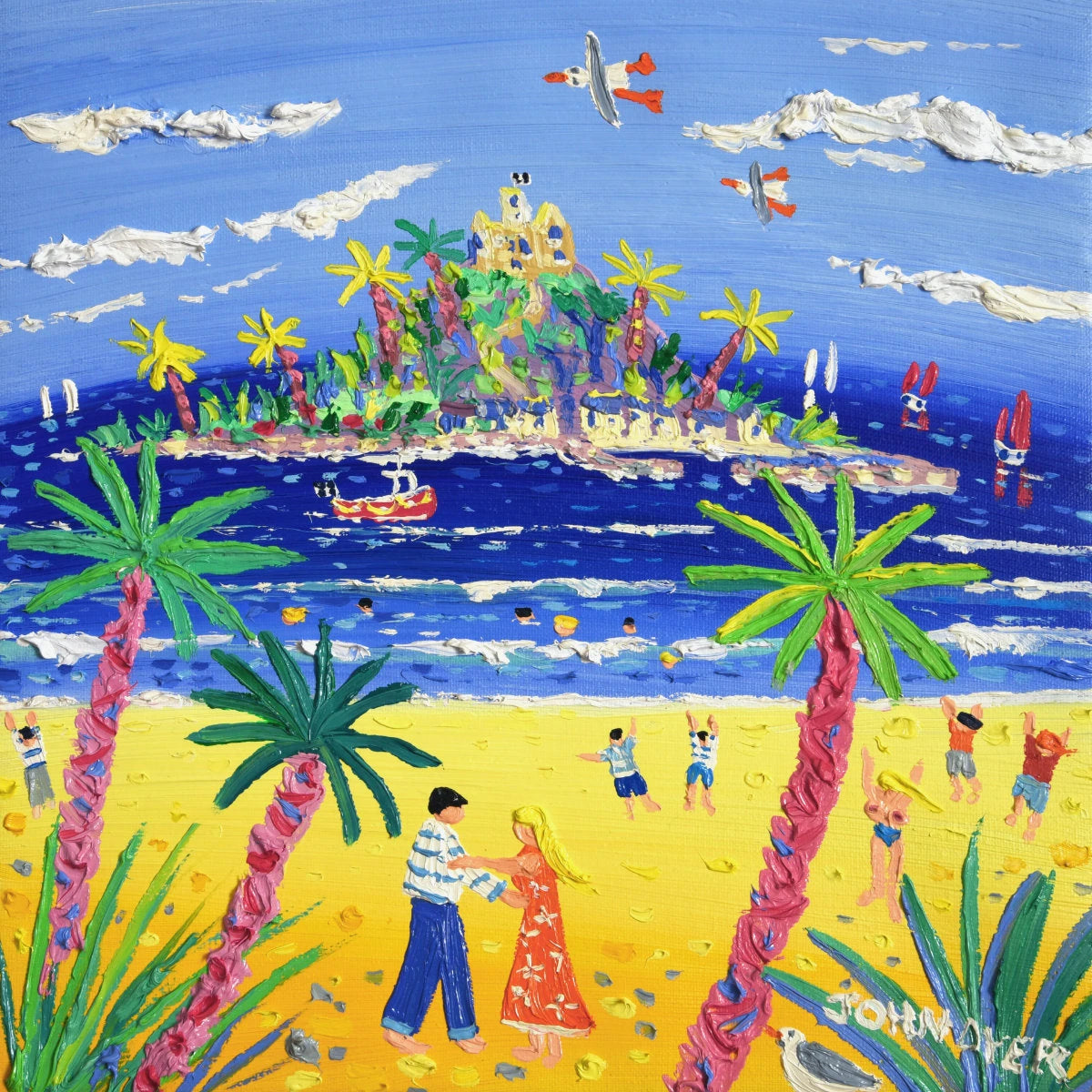 'Dancing on the Beach, St Michael's Mount', 12x12 inches oil on canvas. Cornwall Painting by British Artist John Dyer. John Dyer