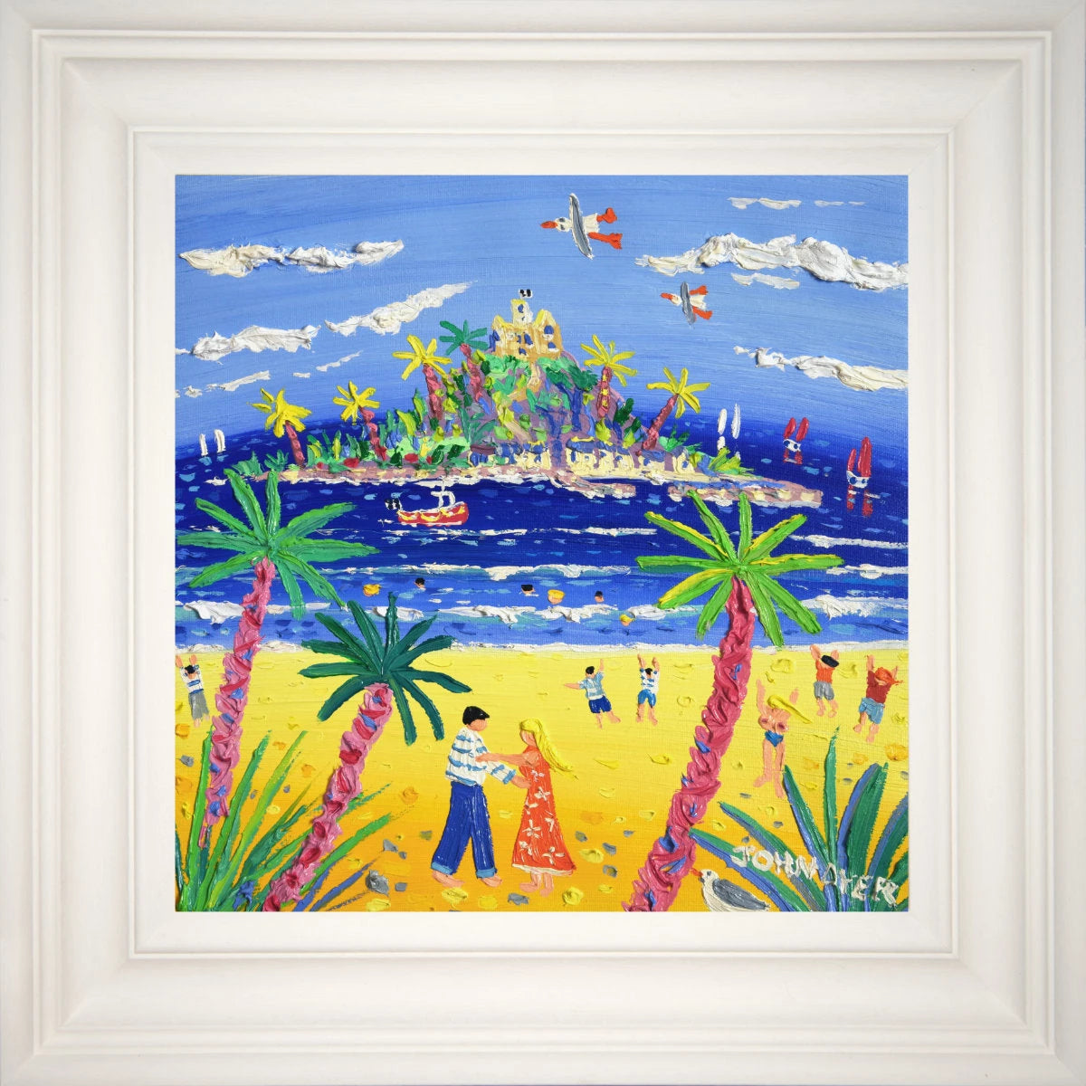 'Dancing on the Beach, St Michael's Mount', 12x12 inches oil on canvas. Cornwall Painting by British Artist John Dyer. John Dyer