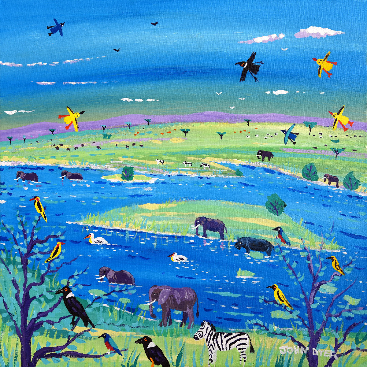 'Wildlife View from Observation Hill, Amboseli, Kenya', 18x18 inches acrylic on canvas. African Painting by British Artist John Dyer.