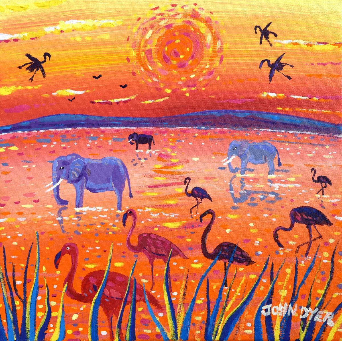 'African Flamingo Sunset, Kenya', 12x12 inches acrylic on canvas. Paintings of Africa by British Artist John Dyer. John Dyer