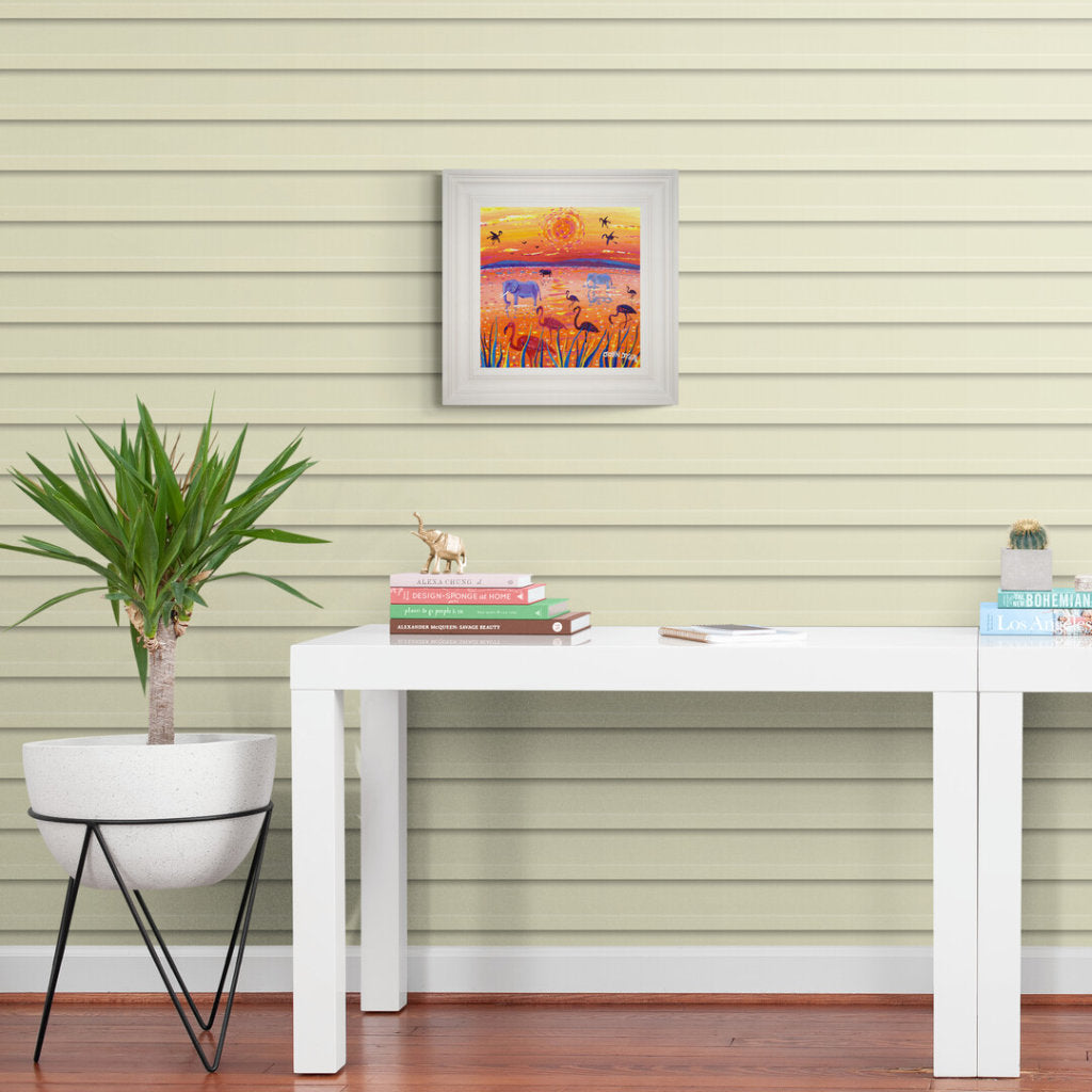 'African Flamingo Sunset, Kenya', 12x12 inches acrylic on canvas. Paintings of Africa by British Artist John Dyer.