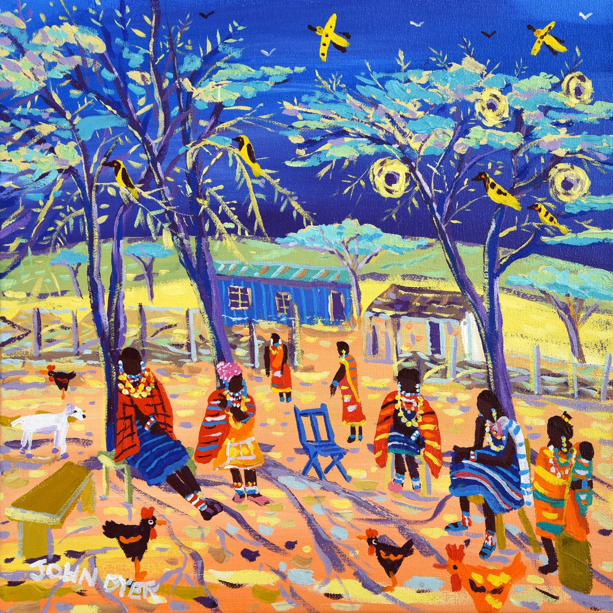 'Chatting under the Acacia Trees, African Maasai Boma, Kenya', 12x12 inches acrylic on canvas. Paintings of Africa by British Artist John Dyer. John Dyer