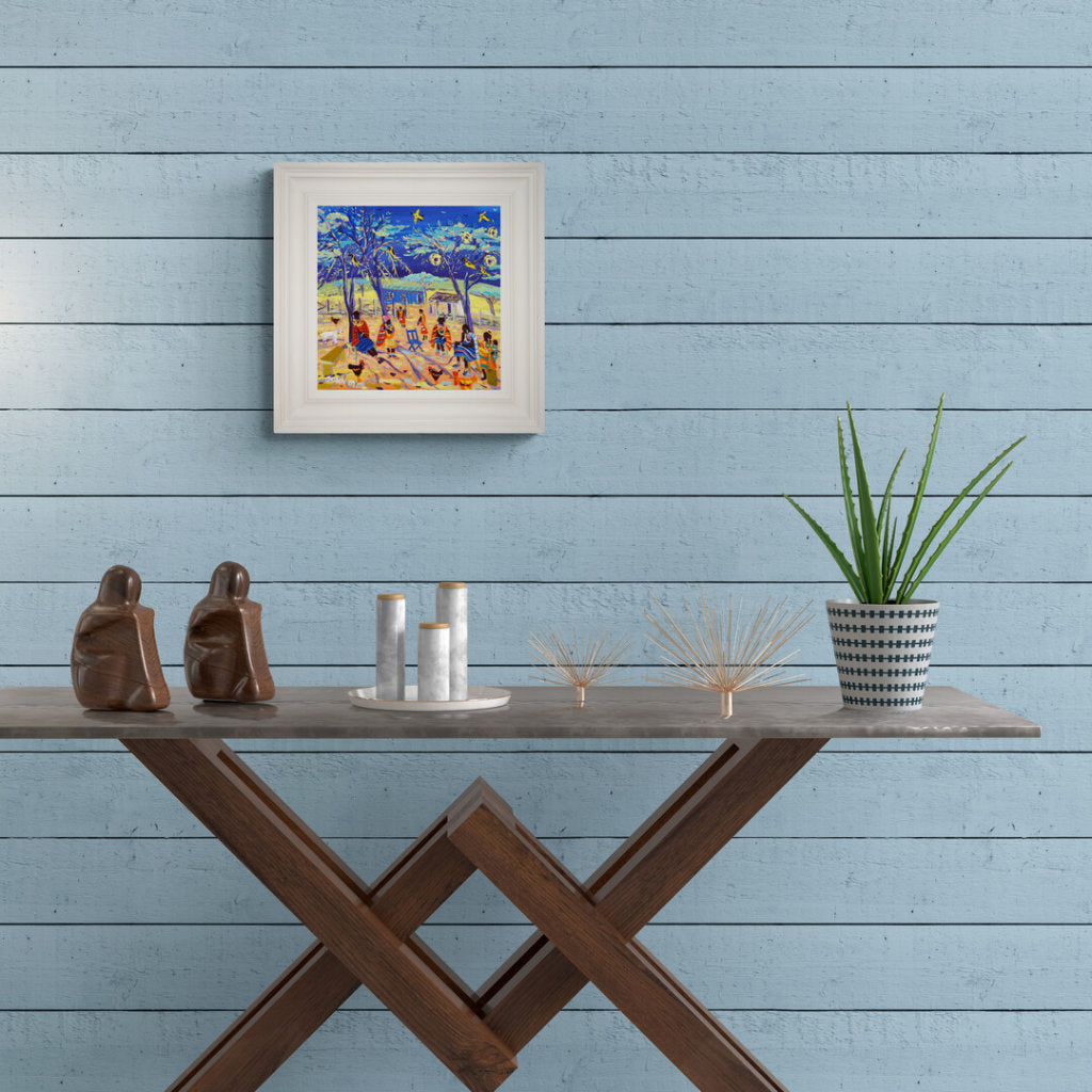 'Chatting under the Acacia Trees, Maasai Boma, Kenya', 12x12 inches acrylic on canvas. Paintings of Africa by British Artist John Dyer.