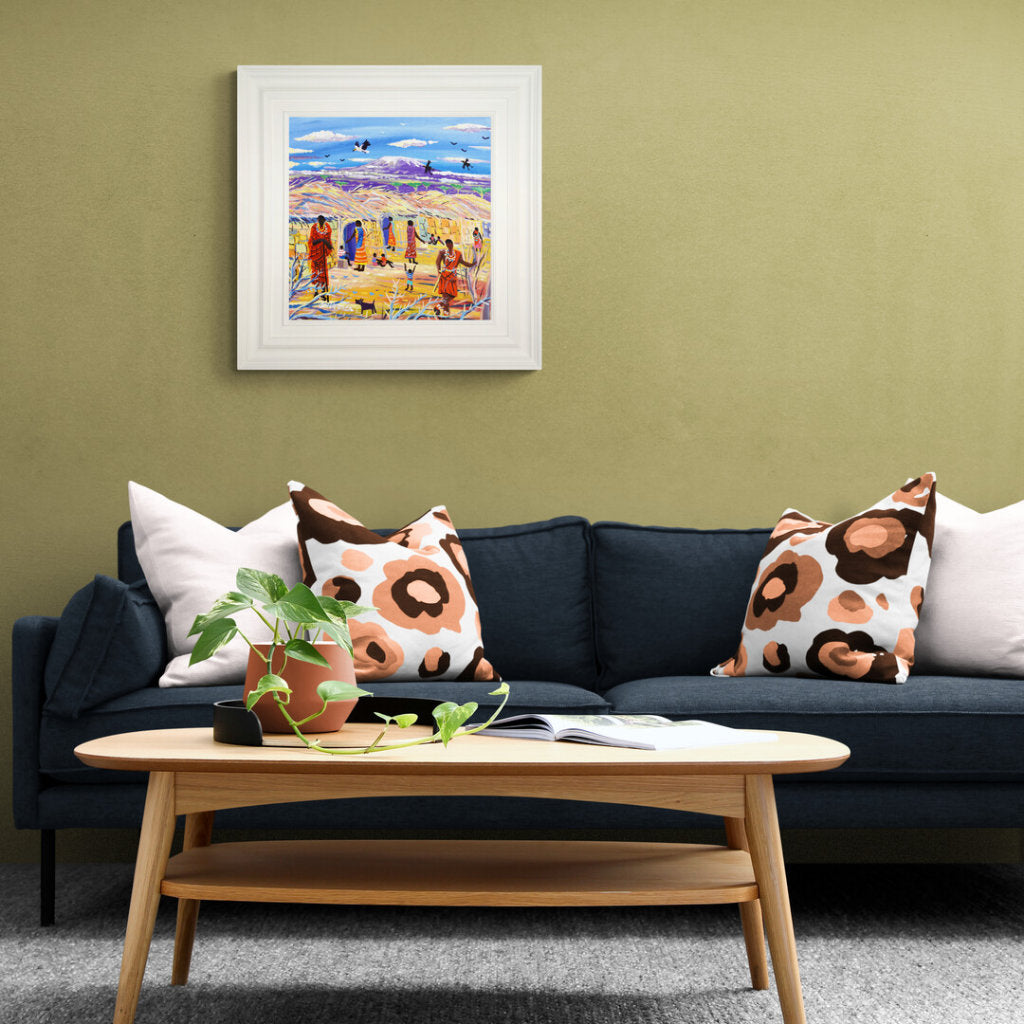 'A Day with the Maasai, Cultural Boma, Amboseli', 18x18 inches acrylic on canvas. African Painting by British Artist John Dyer.