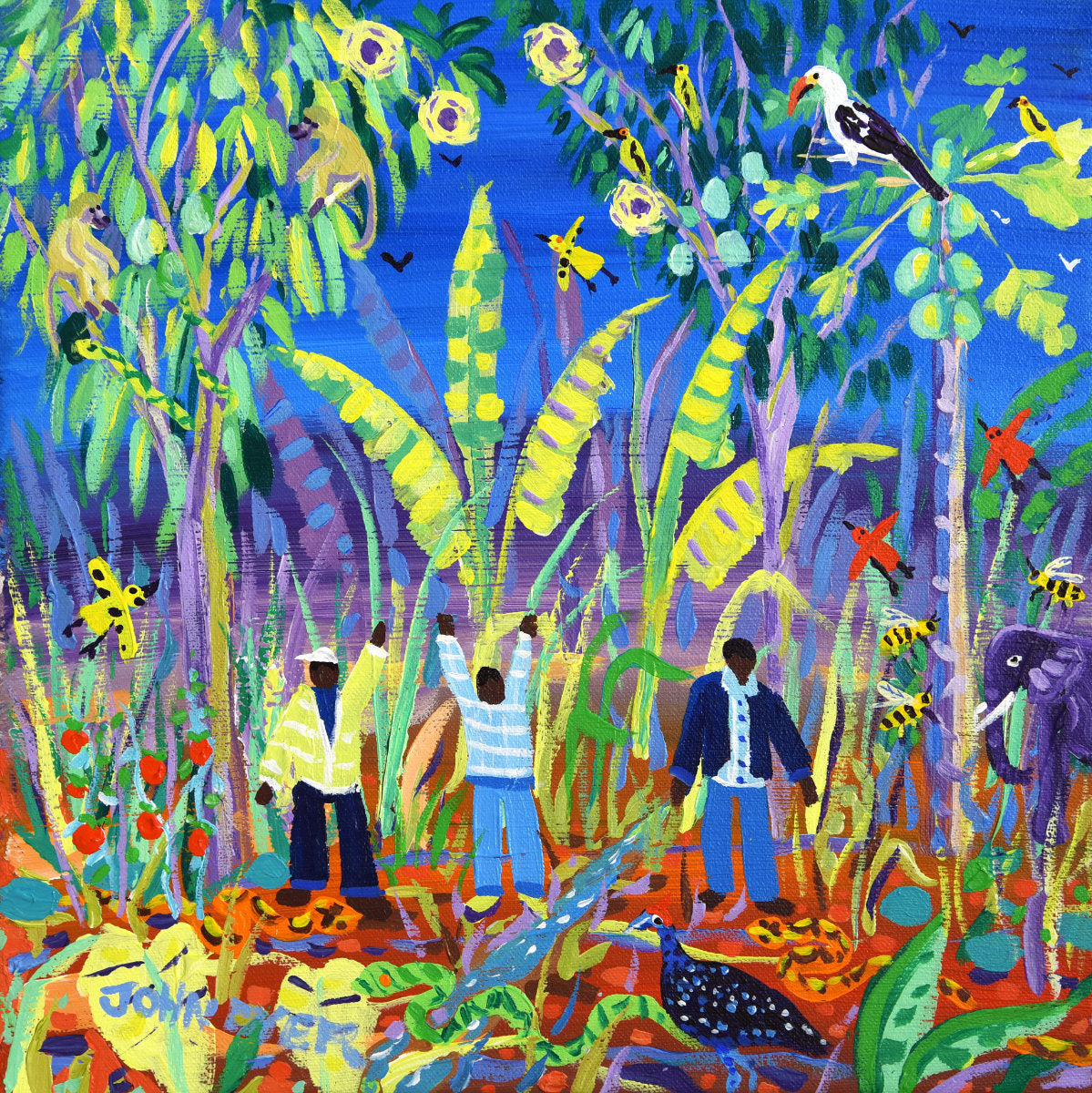 'Harvesting in Harmony with Wildlife, Meru, Kenya', 12x12 inches acrylic on canvas. Paintings of Africa by British Artist John Dyer.