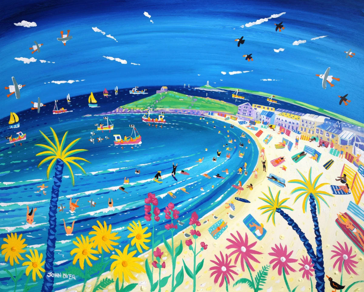 'Tropical Days at Porthmeor Beach, St Ives'. 33x40 inches original art acrylic on board. Paintings of Cornwall by Cornish Artist John Dyer. Cornwall Art Gallery John Dyer