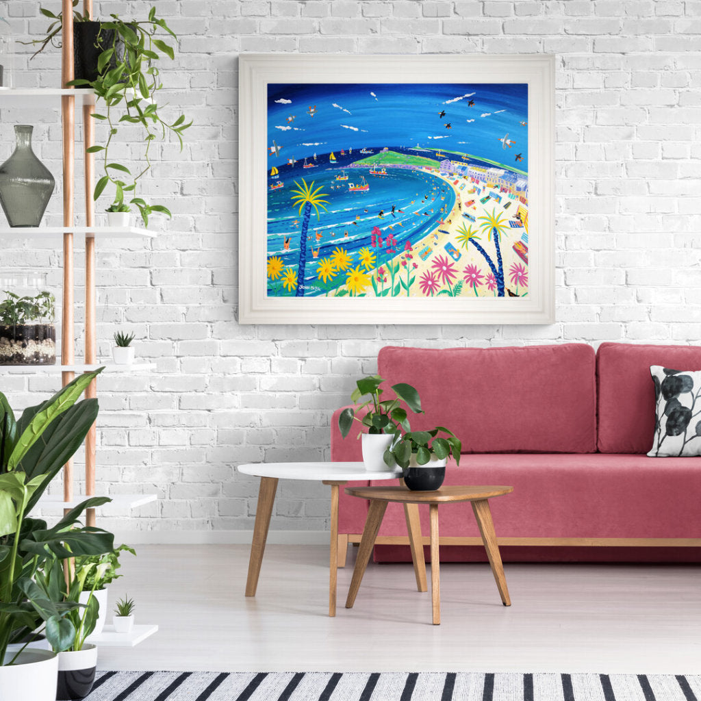 'Tropical Days at Porthmeor Beach, St ives'. 33x40 inches original art acrylic on board. Paintings of Cornwall by Cornish Artist John Dyer. Cornwall Art Gallery