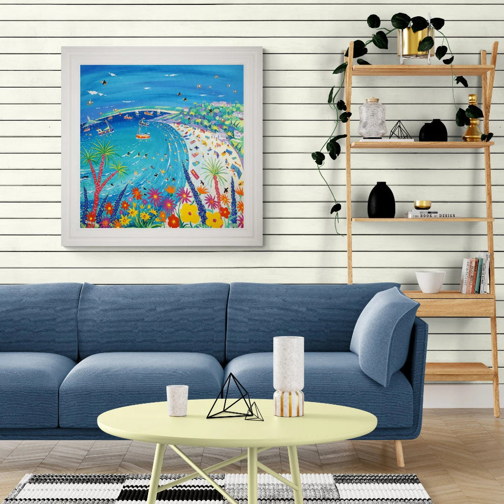 'A Day at the Beach, Porthminster Beach, St Ives', 100x100 cm acrylic on canvas. Paintings of Cornwall by Cornish Artist John Dyer. John Dyer