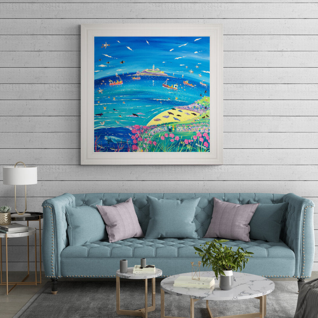 'Watching the Seals, Godrevy Lighthouse', 100x100 cm acrylic on canvas. Paintings of Cornwall by Cornish Artist John Dyer. Cornwall Art Gallery