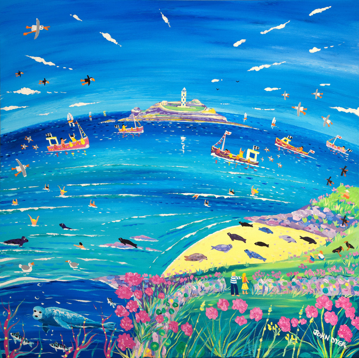 'Watching the Seals, Godrevy Lighthouse', 100x100 cm acrylic on canvas. Paintings of Cornwall by Cornish Artist John Dyer. Cornwall Art Gallery