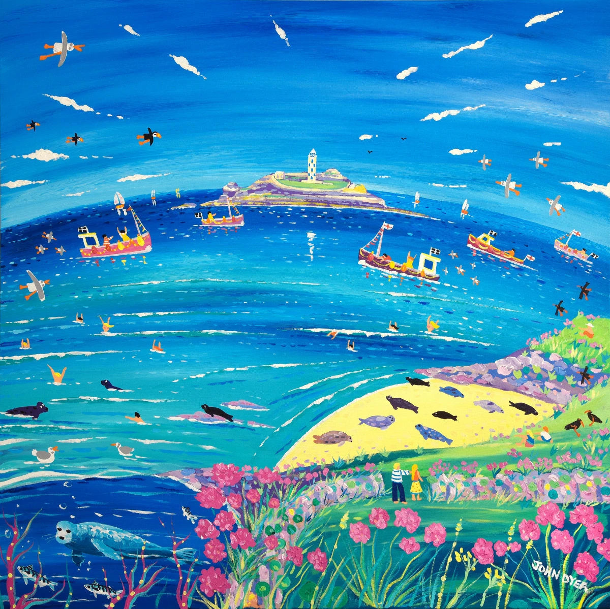 'Watching the Seals, Godrevy Lighthouse', 100x100 cm acrylic on canvas. Paintings of Cornwall by Cornish Artist John Dyer. Cornwall Art Gallery John Dyer