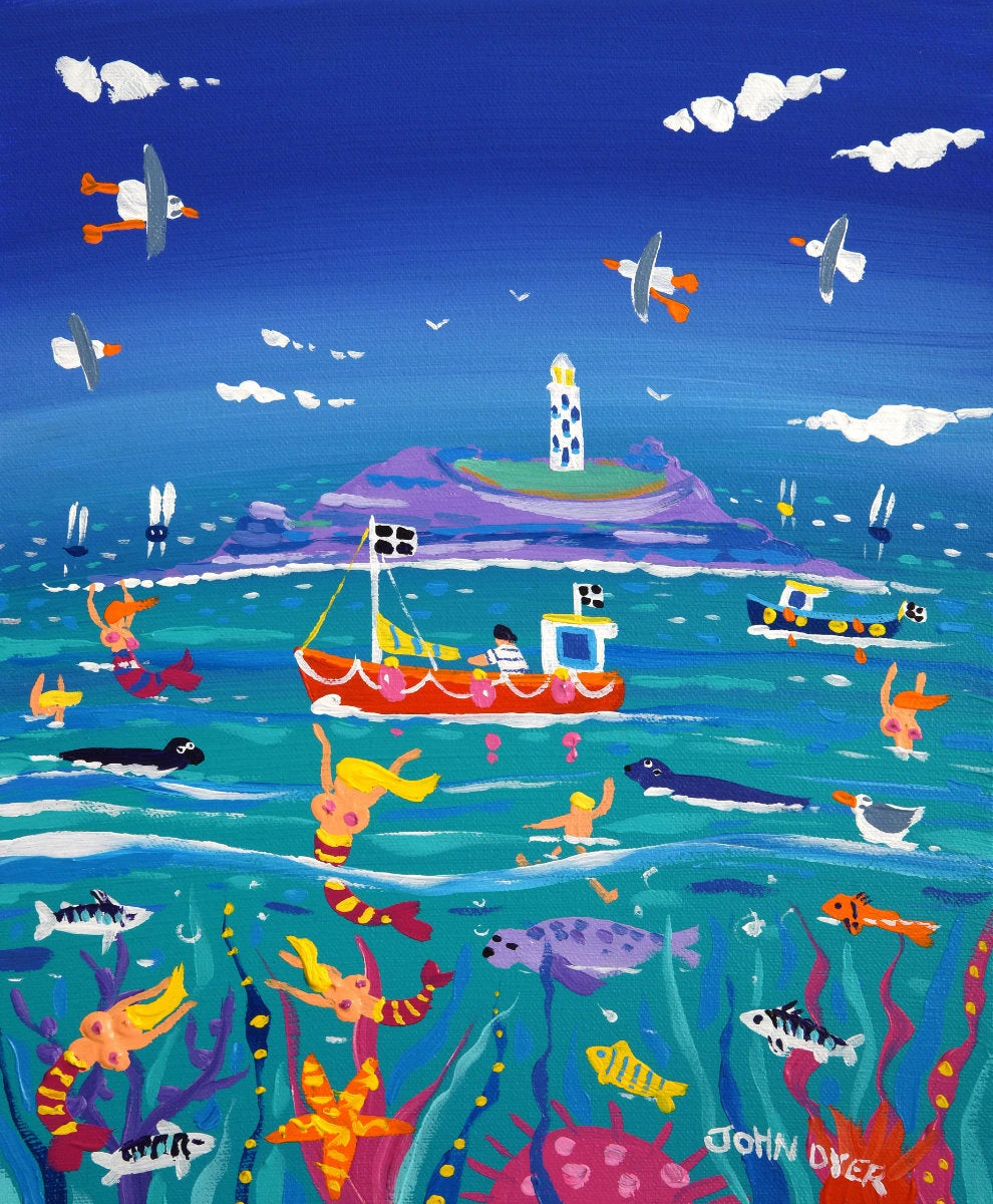 'Seaside Serenade, Godrevy Lighthouse', 12x10 inches acrylic on canvas. Paintings of Cornwall. Cornish Artist John Dyer. Cornwall Art Gallery John Dyer