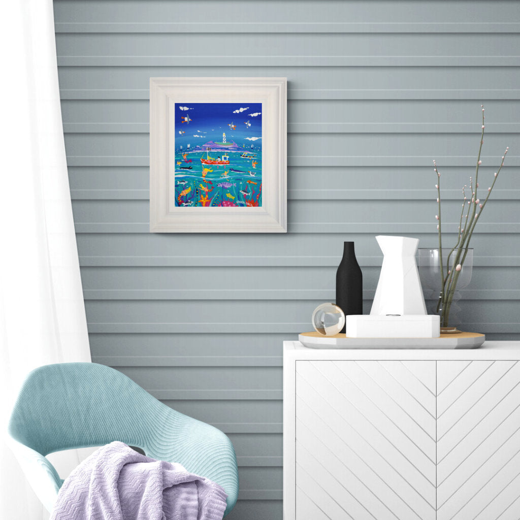 'Seaside Serenade, Godrevy Lighthouse', 12x10 inches acrylic on canvas. Paintings of Cornwall. Cornish Artist John Dyer. Cornwall Art Gallery