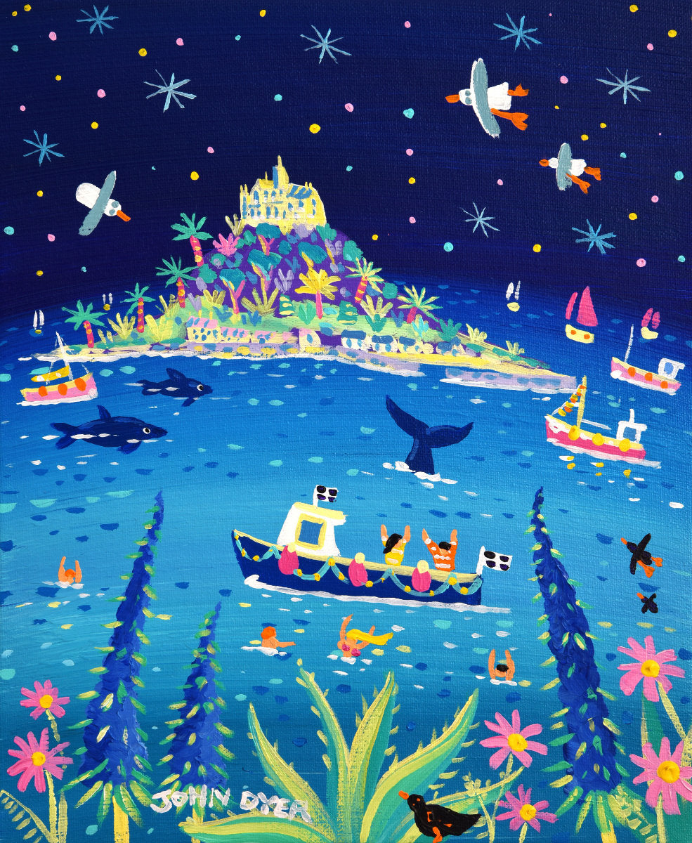 'Whale Watching, St Michael's Mount', 12x10 inches acrylic on canvas. Paintings of Cornwall. Cornish Artist John Dyer. Cornwall Art Gallery