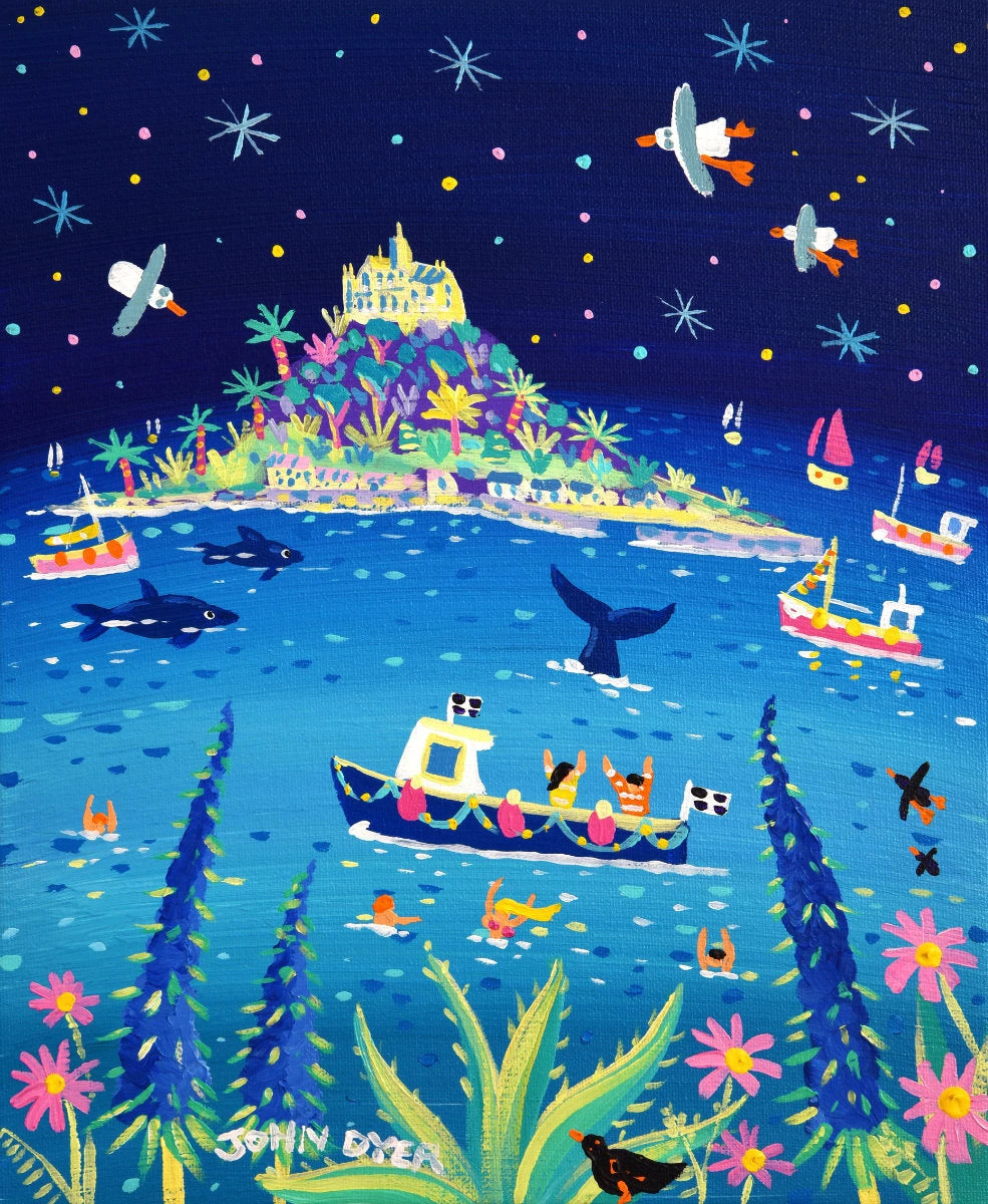 'Whale Watching, St Michael's Mount', 12x10 inches acrylic on canvas. Paintings of Cornwall. Cornish Artist John Dyer. Cornwall Art Gallery John Dyer