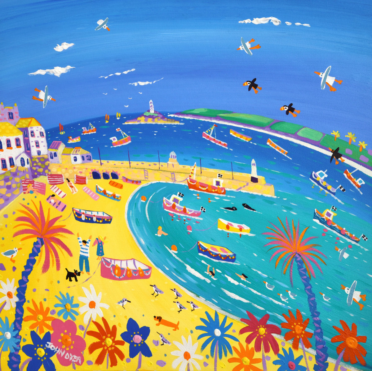 'Summer Sunshine and Sandpipers, St Ives', 24x24 inches acrylic on canvas. Cornwall Painting by Cornish Artist John Dyer. Cornish Art from our Cornwall Art Gallery