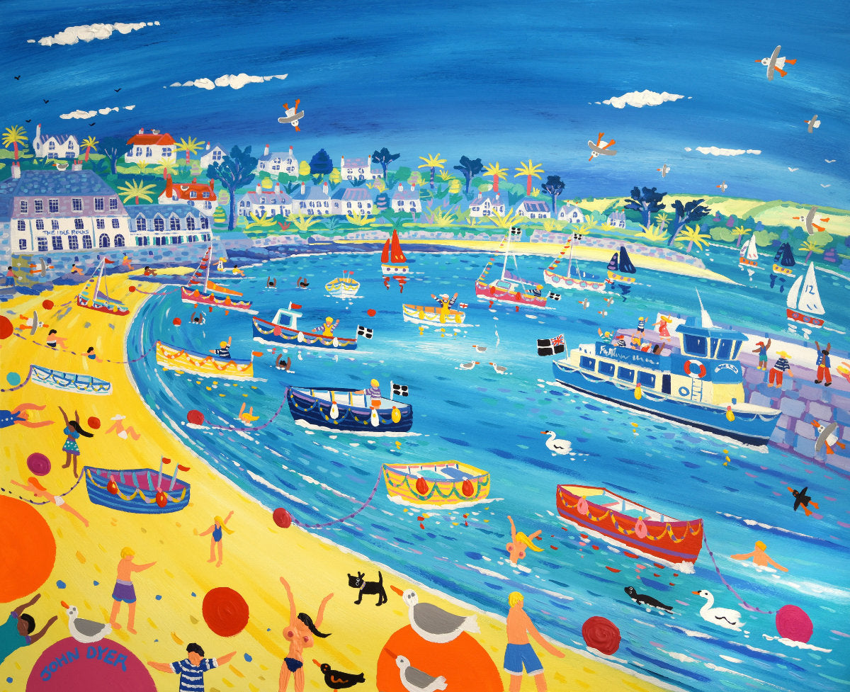 'Summer Days, St Mawes'. 33x40 inches original art acrylic on board. Paintings of Cornwall by Cornish Artist John Dyer. Cornwall Art Gallery