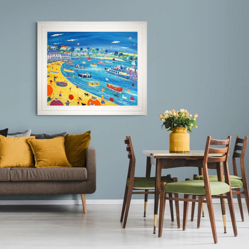 'Summer Days, St Mawes'. 33x40 inches original art acrylic on board. Paintings of Cornwall by Cornish Artist John Dyer. Cornwall Art Gallery John Dyer