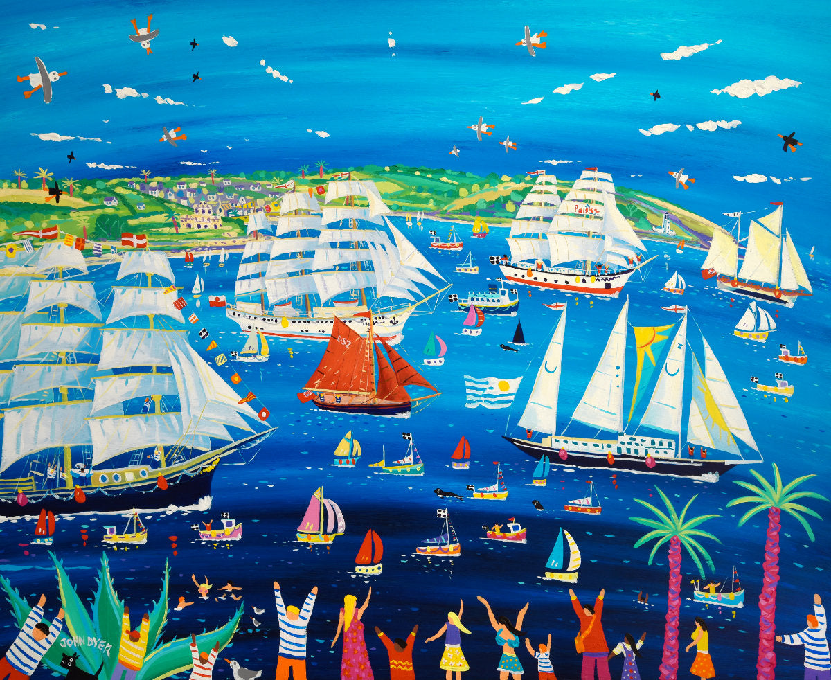 'Tall Ships and Small Ships, Falmouth, 2023'. 33x40 inches original art acrylic on board. Paintings of Cornwall by Cornish Artist John Dyer. Cornwall Art Gallery