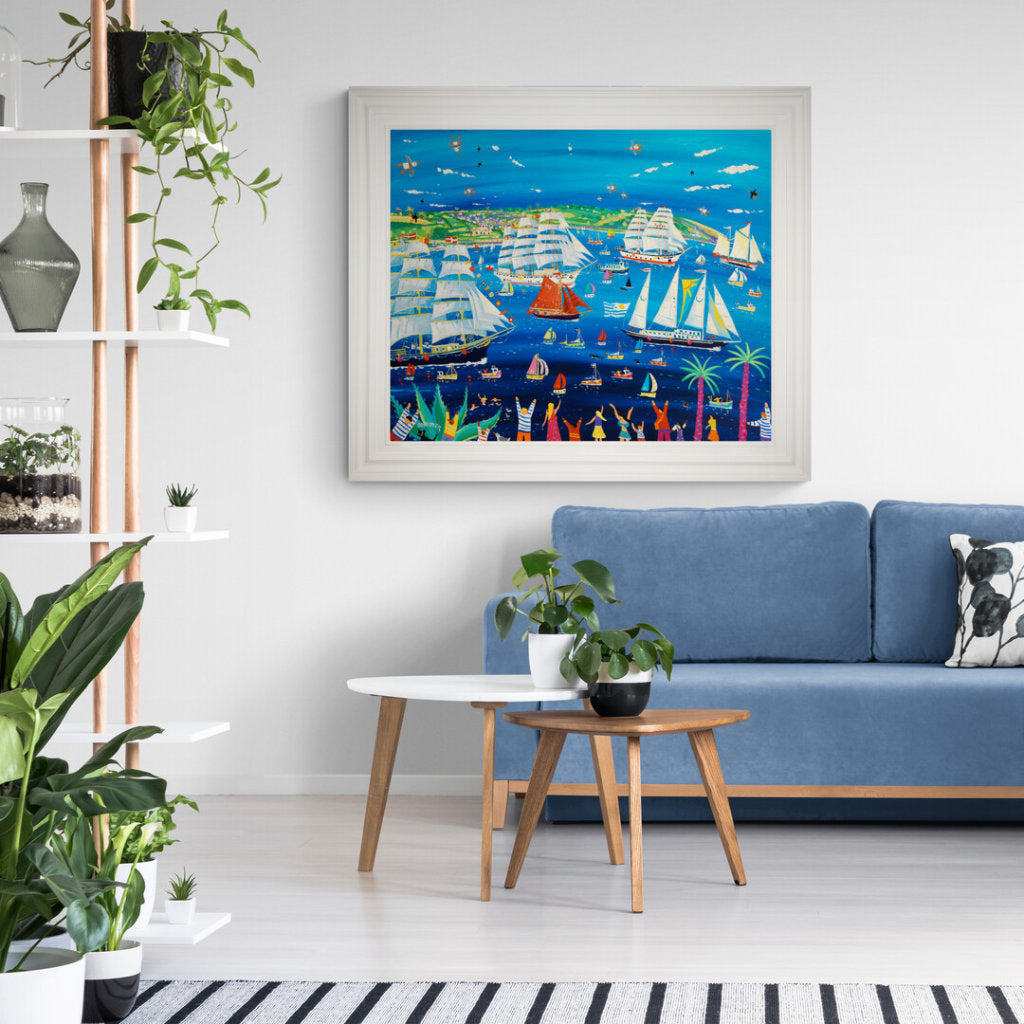 'Tall Ships and Small Ships, Falmouth, 2023'. 33x40 inches original art acrylic on board. Paintings of Cornwall by Cornish Artist John Dyer. Cornwall Art Gallery