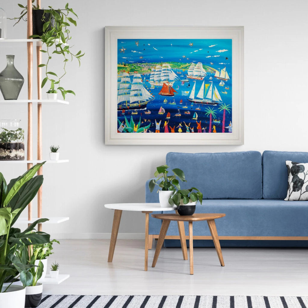 'Tall Ships and Small Ships, Falmouth, 2023'. 33x40 inches original art acrylic on board. Paintings of Cornwall by Cornish Artist John Dyer. Cornwall Art Gallery John Dyer