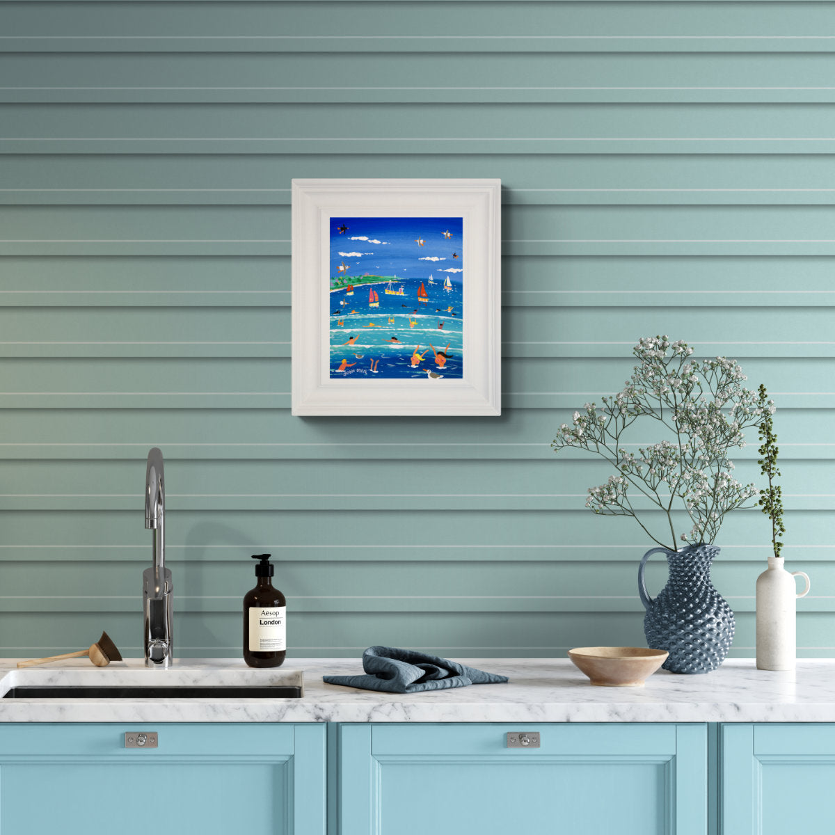 'Hot Summer Swim, Castle Beach, Falmouth', 12x10 inches acrylic on canvas. Paintings of Cornwall. Cornish Artist John Dyer. Cornwall Art Gallery