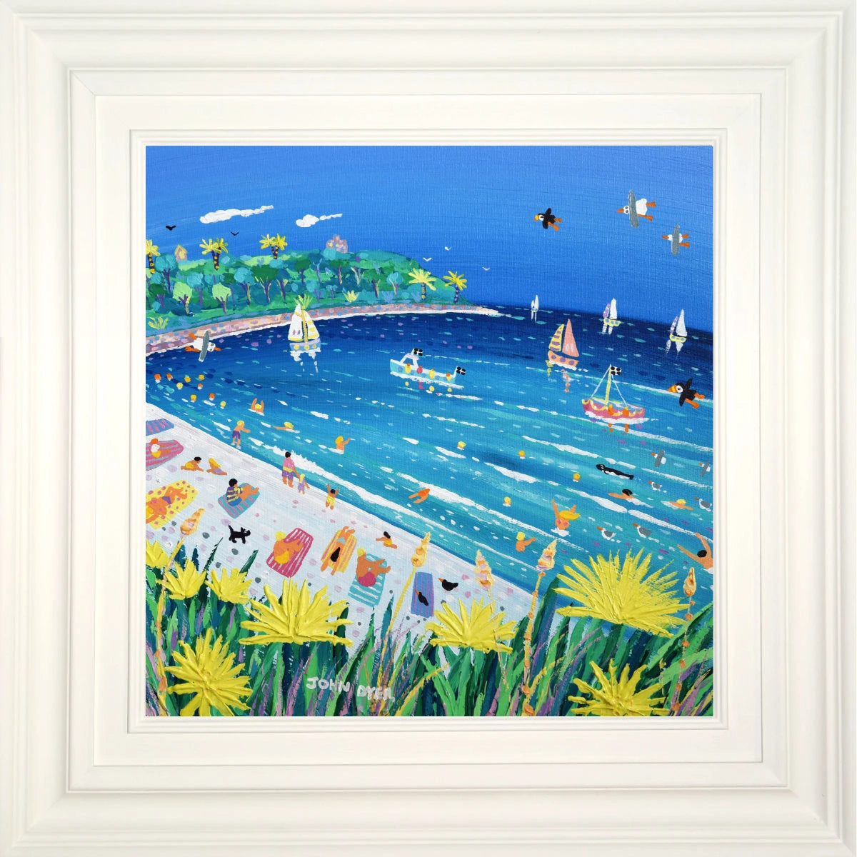 'Boats and Beach Days at Castle Beach, Falmouth', 18x18 inches acrylic on canvas. Cornish Coastal Art Painting by British Artist John Dyer. John Dyer