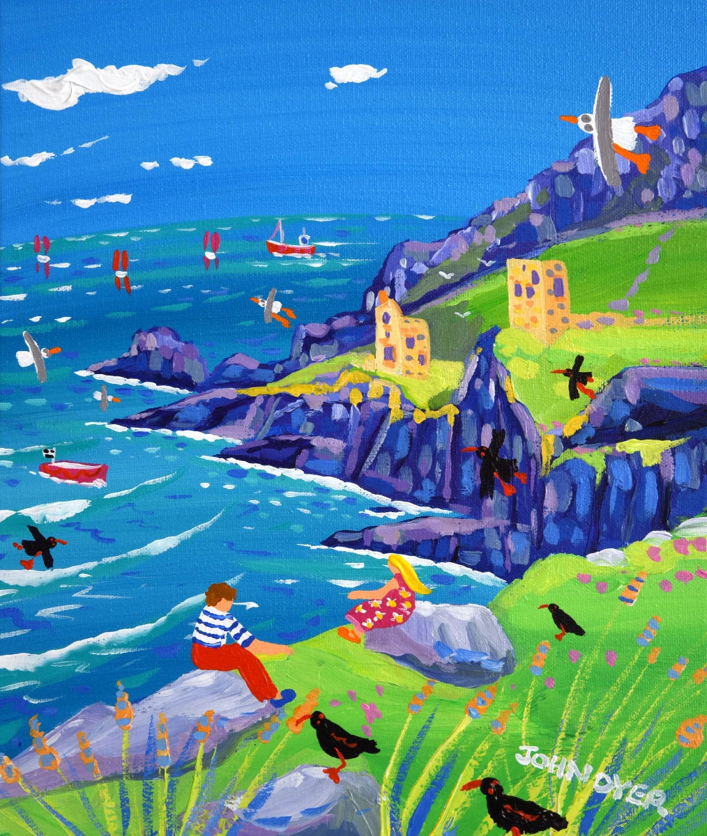 'Watching the Waves, Botallack Tin Mines', 12x10 inches acrylic on canvas. Paintings of Cornwall. Cornish Artist John Dyer. Cornwall Art Gallery John Dyer