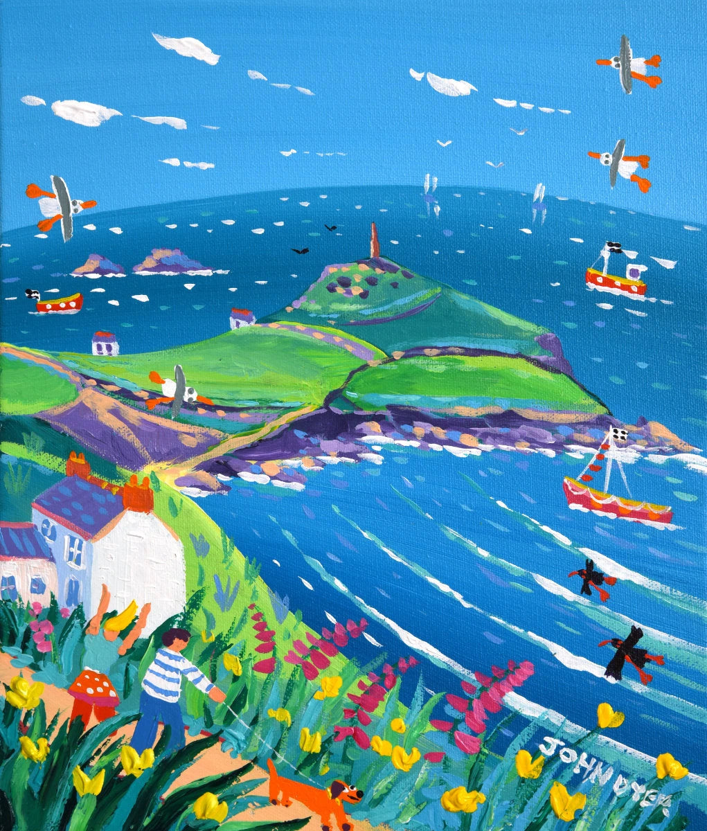 'Cape Cornwall Walkies', 12x10 inches acrylic on canvas. Paintings of Cornwall. Cornish Artist John Dyer. Cornwall Art Gallery John Dyer