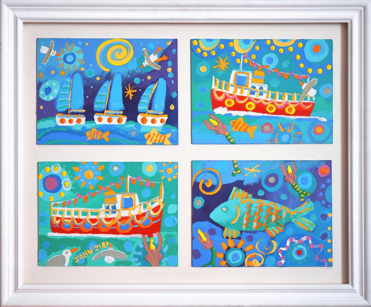 'Ferries, Fish and Fun on the Water', quadriptych, four panels painted in acrylic measuring 25x19.5 inches in total (9x12 inches each). Coastal Painting of Cornwall by Cornish Artist John Dyer John Dyer