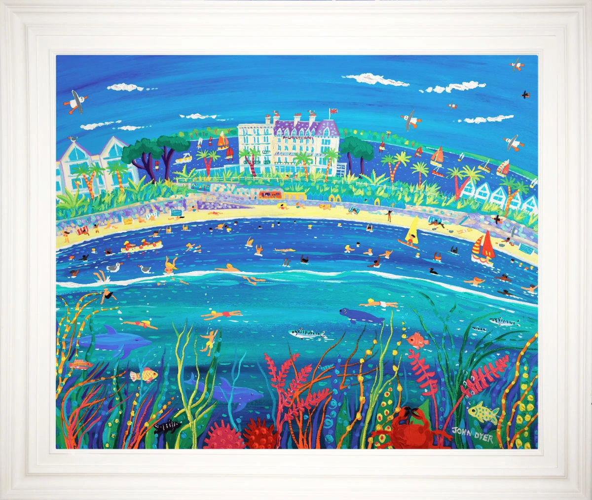 'Sunshine and Sea Life at Castle Beach, Falmouth'. 33x40 inches original art acrylic on board. Paintings of Cornwall by Cornish Artist John Dyer. Cornwall Art Gallery John Dyer