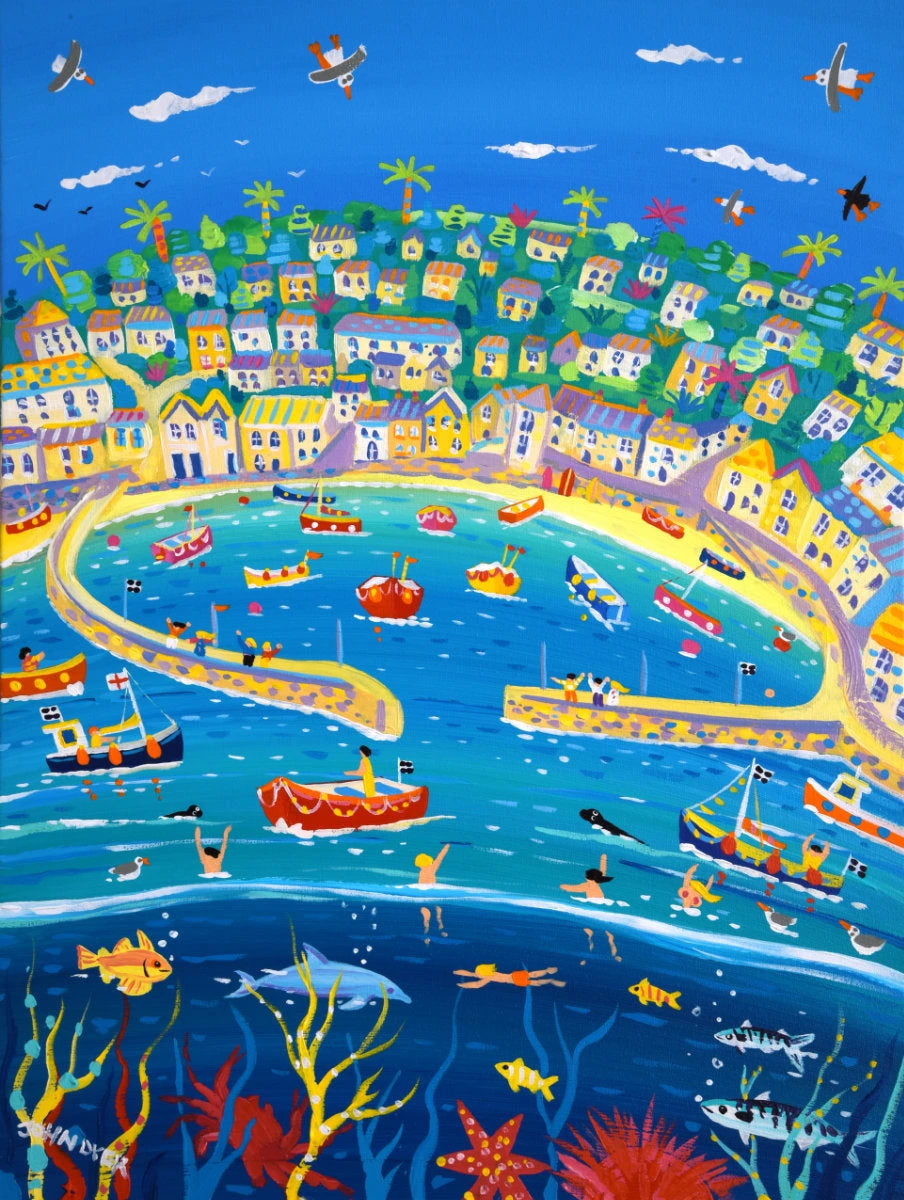 'Exploring the Harbour, Mousehole', 24x18 inches acrylic on canvas. Cornwall Painting by Cornish Artist John Dyer. Cornwall Art Gallery John Dyer
