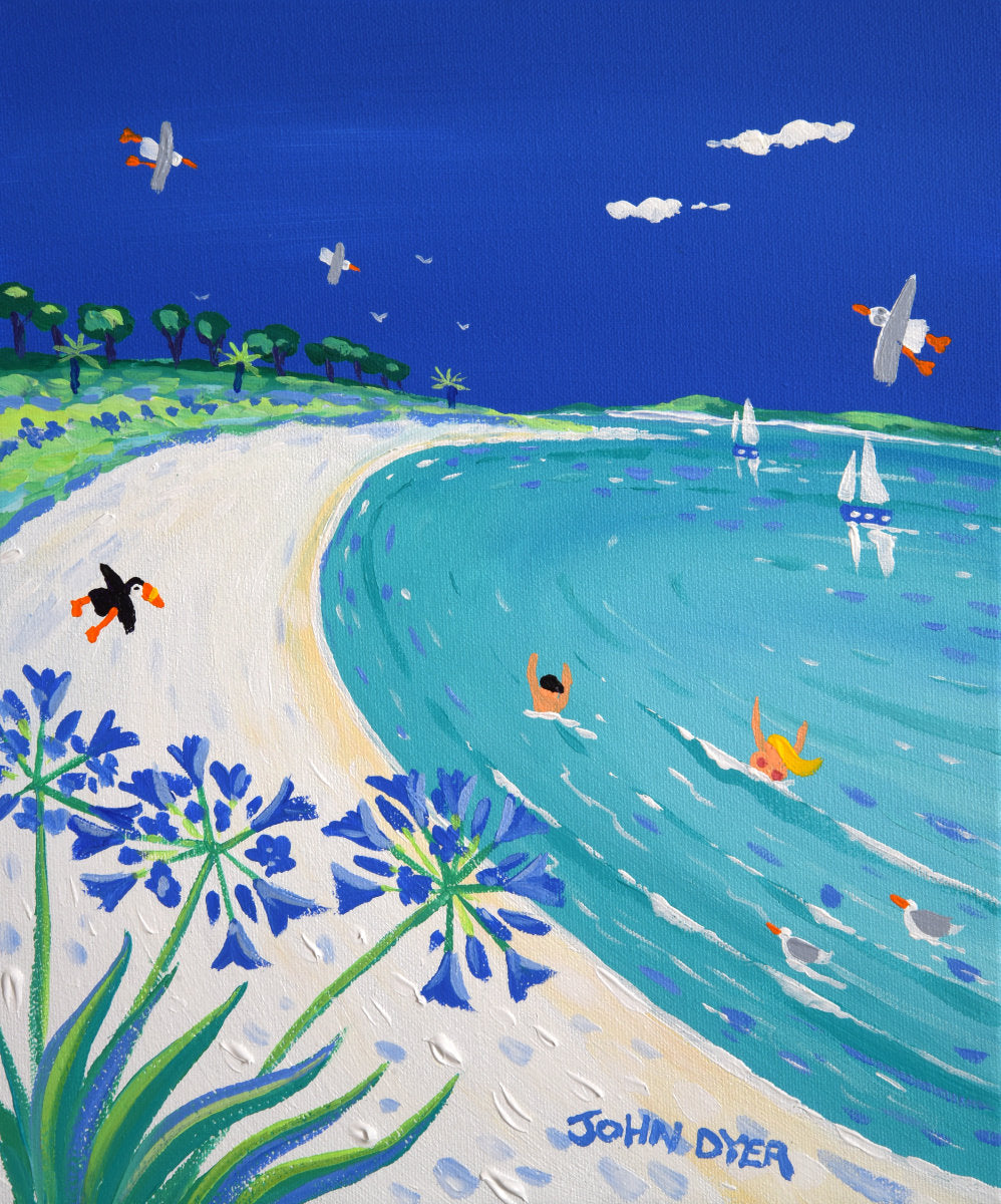 'Perfect Blue Day, Pentle Bay, Tresco', 12x10 inches acrylic on canvas. Paintings of Cornwall. Cornish Artist John Dyer. Cornwall Art Gallery John Dyer