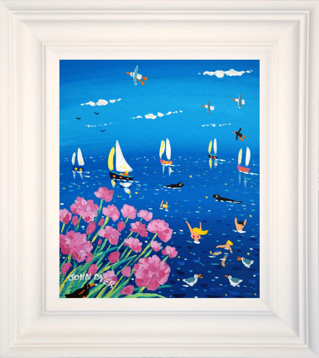 'Sailing Past the Sea Pinks and Swimmers', 12x10 inches acrylic on canvas. Paintings of Cornwall. Cornish Artist John Dyer. Cornwall Art Gallery John Dyer
