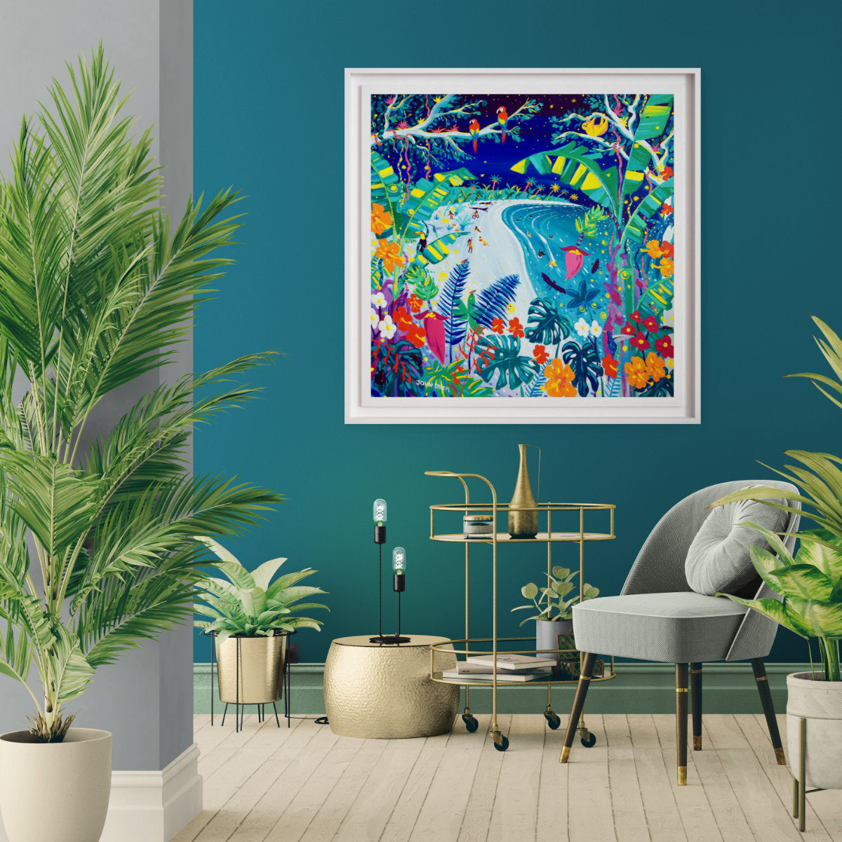 'Banana Harvest and Fireflies, Costa Rica', 35.5 x 35.5 inches acrylic on canvas. John Dyer Painting of the Caribbean Rainforest