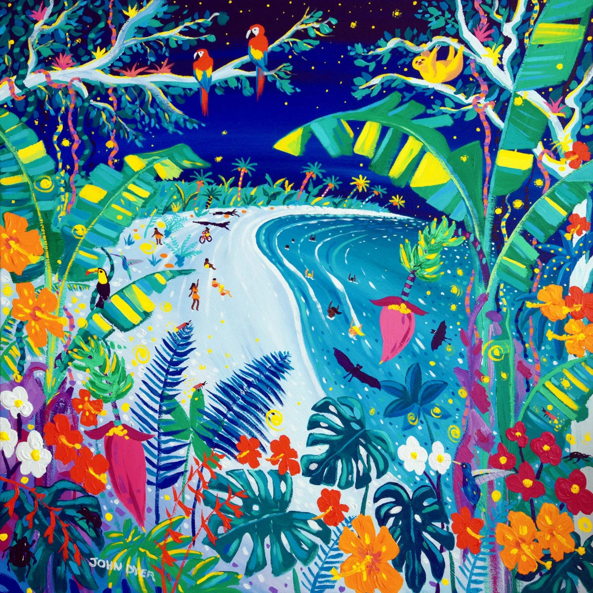 'Banana Harvest and Fireflies, Costa Rica', 35.5 x 35.5 inches acrylic on canvas. John Dyer Painting of the Caribbean Rainforest John Dyer