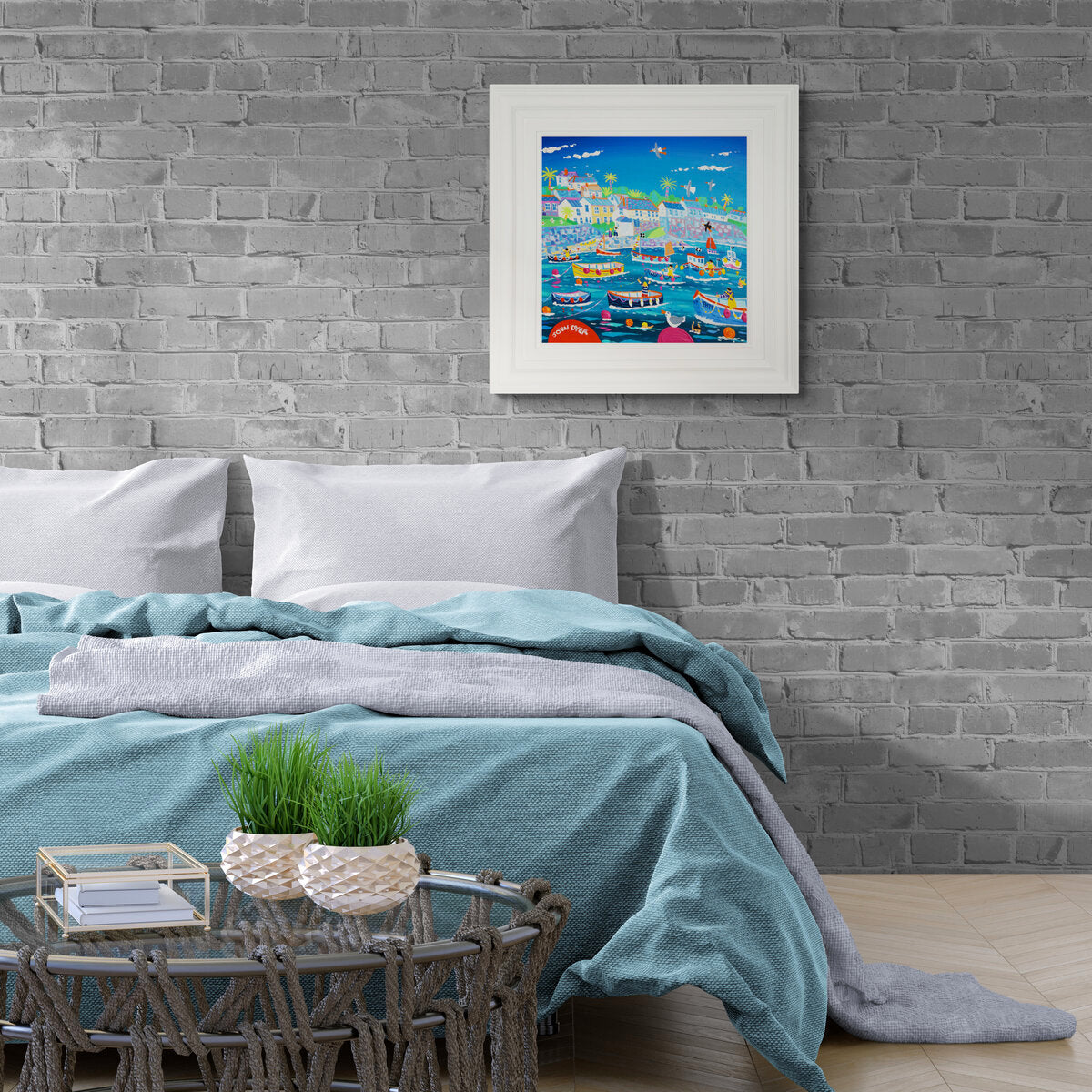 'High Tide in the Harbour, Coverack', 18x18 inches acrylic on canvas. Cornish Coastal Art Painting by British Artist John Dyer.