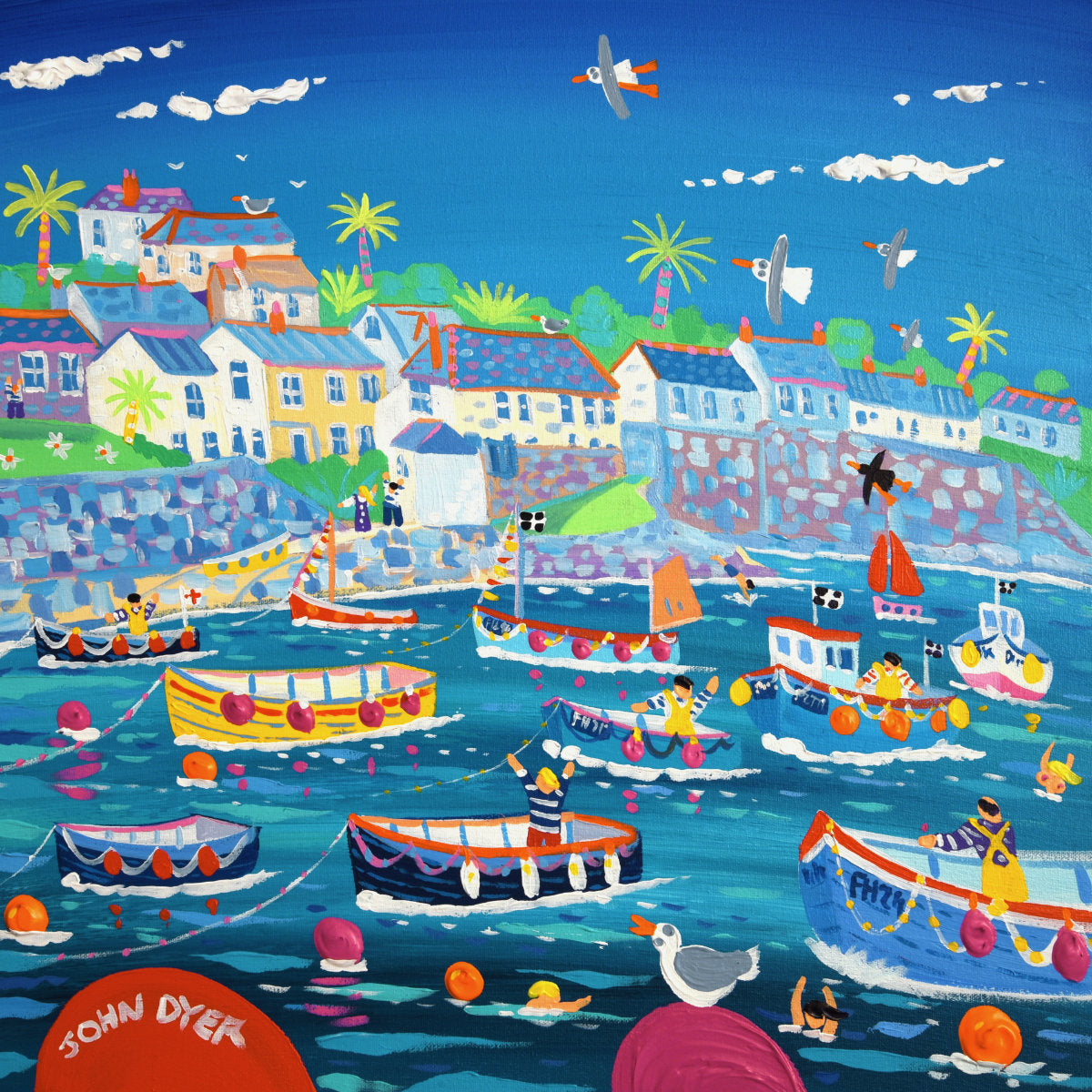 'High Tide in the Harbour, Coverack', 18x18 inches acrylic on canvas. Cornish Coastal Art Painting by British Artist John Dyer.