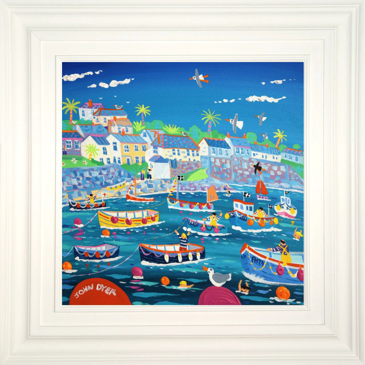 'High Tide in the Harbour, Coverack', 18x18 inches acrylic on canvas. Cornish Coastal Art Painting by British Artist John Dyer. John Dyer