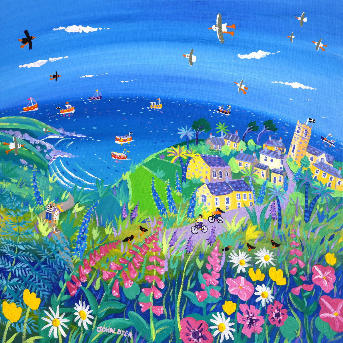 'Cornish Spring Bike Ride, Zennor', 24x24 inches acrylic on canvas. Cornwall Painting by Cornish Artist John Dyer. Cornish Art from our Cornwall Art Gallery