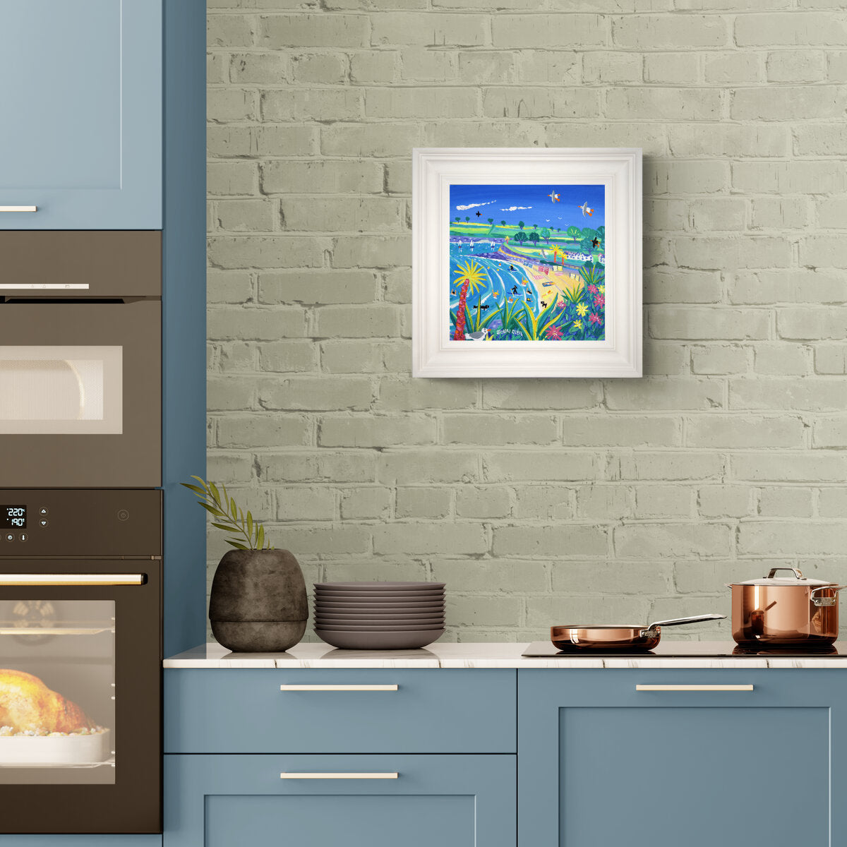 'Fun in the Sun, Gyllyngvase Beach', 12x12 inches acrylic on canvas. Cornwall Painting by British Artist John Dyer.